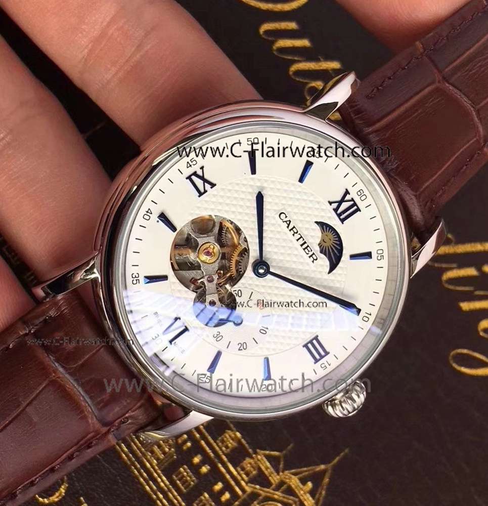 Cartier Moon phase Silver Steel Watch Brown Leather Band